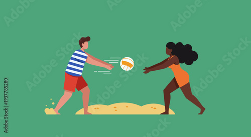 Two people playing volleyball on a sandy beach.