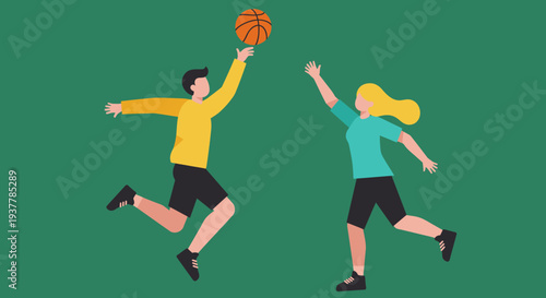 Two people playing basketball jumping for the ball.
