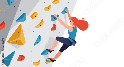 Woman Climbing Indoors on Colorful Rock Wall.
