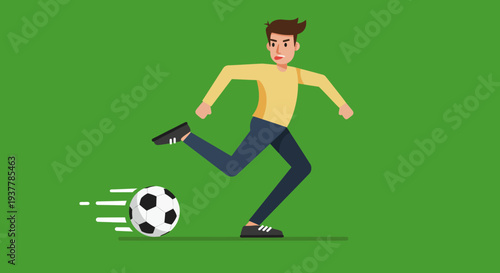 Young Man Kicking a Soccer Ball on a Green Field.