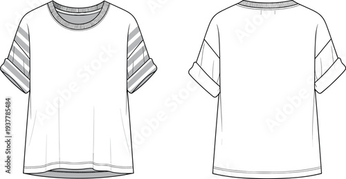 Women Crew Neck Oversized T-Shirt Fashion Technical Flat Sketch Vector Template with Striped Drop Shoulder Short Rolled Sleeves Front Back View