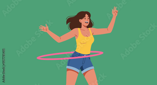 Young Woman Hula Hooping with Joyful Expression.