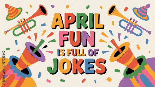 Colorful april fools' day celebration with confetti and party horns