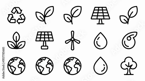 Eco friendly icons set including recycling symbol solar panel wind turbine green leaves globe and water drop representing sustainable living and environmental conservation