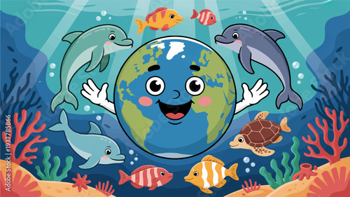 Smiling earth surrounded by marine life colorful fish and coral reef underwater scene with dolphins and sea creatures eco friendly concept