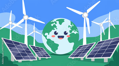 Happy earth with solar panels and wind turbines generating renewable energy on green landscape