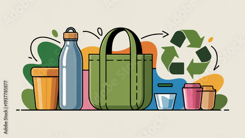 Eco friendly reusable bag water bottle and cups with recycling symbol for sustainable living
