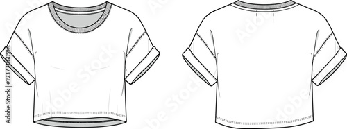 Women's White Cropped T-Shirt Technical Flat Sketch Vector with Round Neckline and Rolled Cuffs Front and Back View Fashion Template