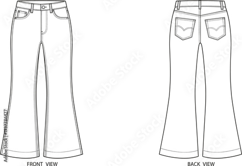 Technical Fashion Flat Sketch of Women's Flare Jeans with Front and Back View Vector Template, Denim Pants