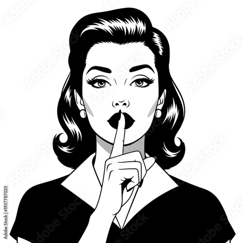 A vintage-style illustration of a woman with finger to lips, symbolizing secrecy and silence in a retro pop art aesthetic.