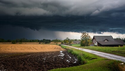 dark ominous sky above a rural scene erosion risk and seasonal change earth day