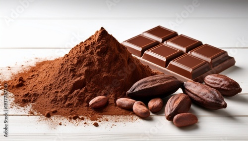 cocoa powder alongside a shattered chocolate bar and cocoa beans on a white wooden surface fiber dense choice