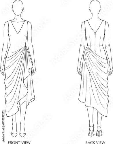 Elegant Sleeveless V Neck Draped Midi Dress Technical Flat Sketch on Female Fashion Figure Model