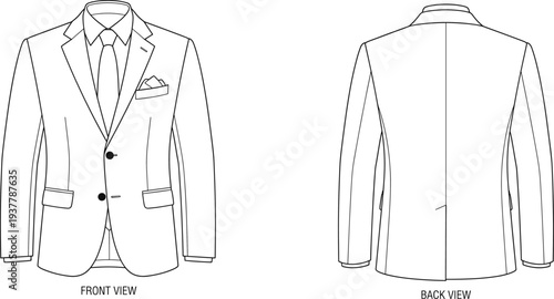 Mens Formal Suit Jacket Technical Sketch Front and Back View, Classic Blazer Fashion Vector Illustration