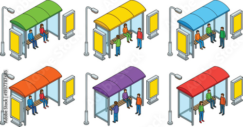 Isometric Bus Stop Shelters Set with People Waiting, Public Transportation City Infrastructure Vector Illustration 