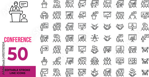 Conference Line Icons Set, Business Presentation, Seminar Training, Corporate Meeting and Workshop Vector Illustration Collection