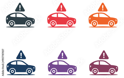 Pothole, warning icon featuring a car isolated on white background, road hazard symbol, traffic safety alert, damaged street illustration, modern flat vector design