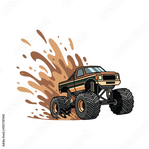 A vector illustration of a monster truck with large tires and a green stripe, driving through a mud splash. Perfect for automotive designs, vehicle graphics, and racing posters.
