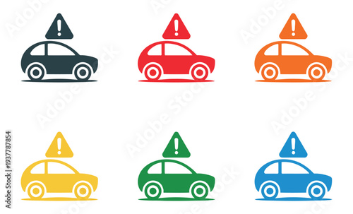 Pothole, warning icon featuring a car isolated on white background, road hazard symbol, traffic safety alert, damaged street illustration, modern flat vector design