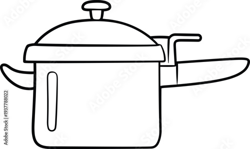 Black and white line drawing of a pressure cooker with lid, handles, and safety valve, representing kitchen appliance, cooking equipment, and culinary design