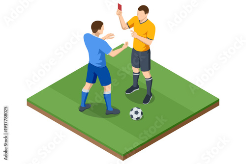 Isometric football referee showing red card to player during soccer match. Sport foul and rule violation concept. Championship competition, teamwork, training and professional stadium sport event