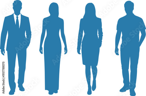 Set of blue silhouettes of people in professional attire including suits, dresses, and skirts, representing workplace diversity, business lifestyle, and corporate design