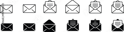 Set of envelope icons in outline and solid styles showing closed, open, and letter variations, representing email, messaging, communication, and mail design
