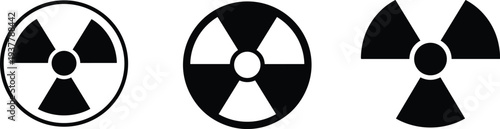 Set of radiation hazard symbols in outline, solid, and simplified trefoil designs, representing radioactive materials, nuclear safety, and hazard warning signage