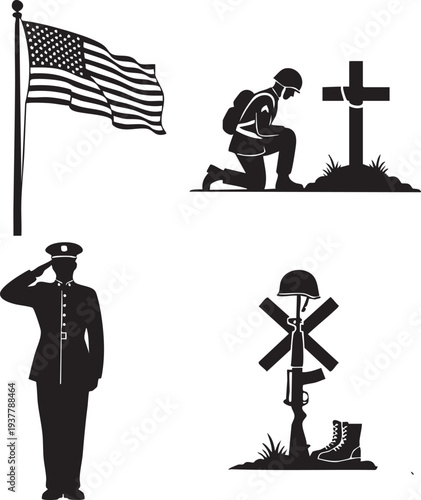 Memorial Day military tribute icon set with soldier salute flag and battlefield memorial