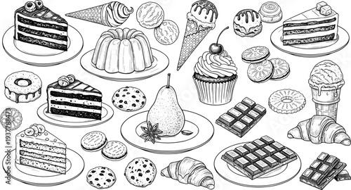 Hand Drawn Dessert Doodle Set with Cake Slice Ice Cream Cupcake Croissant Chocolate Cookies Donut Pear and Sweet Bakery Outline Vector Illustration