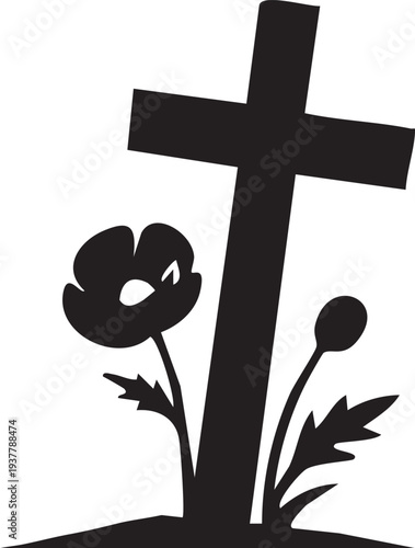 Memorial cross with poppy flower silhouette, remembrance day tribute illustration