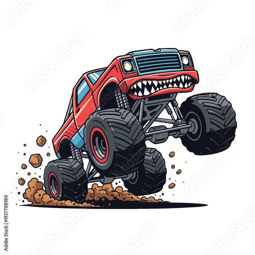A colorful vector illustration of a monster truck with a shark-like front end, jumping over dirt with large tires and a red and blue body. Perfect for games, posters, and automotive designs.