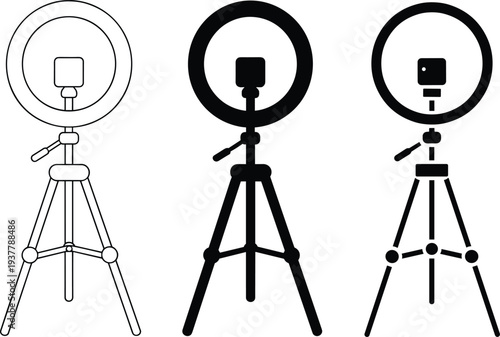 Set of ring light icons with tripod stand and mounted camera or phone in outline, silhouette, and simplified styles for photography and videography design