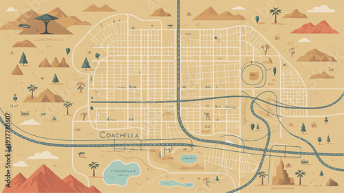 Vintage map illustration featuring a grid city plan surrounded by mountains rivers and trees with a nostalgic earthy color palette and subtle texture