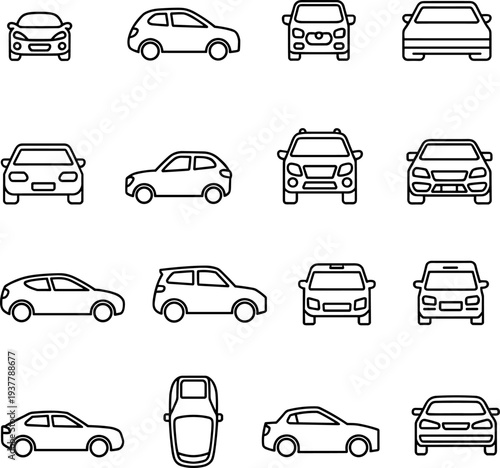 Car vehicle icons set with front rear side automobile views including sedan hatchback SUV transport vector line collection