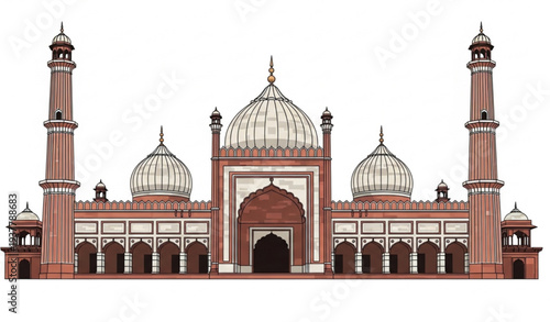 Jama Masjid Mosque Delhi Vector Illustration Mughal Architecture Landmark Isolated on White Background