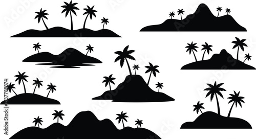 Set of tropical island silhouette icons with palm trees and varied land formations, representing travel, summer, vacation, nature, and exotic destinations