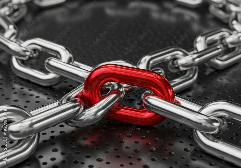 Fototapeta premium Brightly colored metal link stands out within a circular assembly of silver colored chains