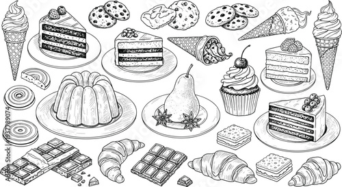 Hand Drawn Desserts and Bakery Illustration with Cake Ice Cream Croissant Chocolate Cookies and Sweet Pastry Food Vector Collection