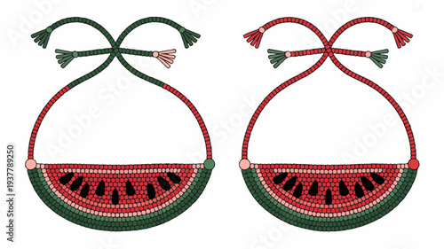 Stylized watermelon slice earrings with red and green tassels on white background perfect for summer fashion accessories