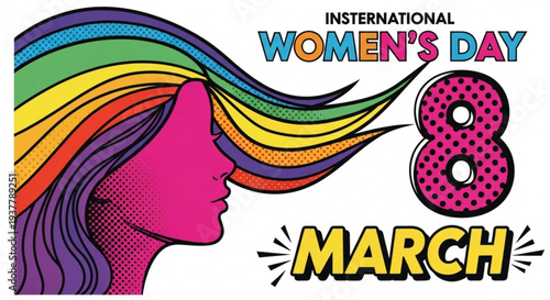 International women's day on march 8th colorful illustration with rainbow hair and pink background