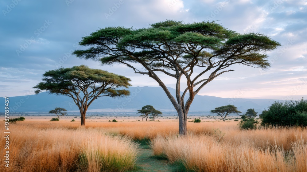 Obraz premium African savanna landscape featuring acacia trees and golden grass