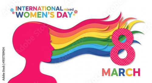 International women's day on march 8th with colorful rainbow hair and pink silhouette