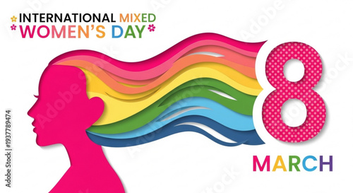 International mixed women's day celebration on march 8th with rainbow hair and pink silhouette