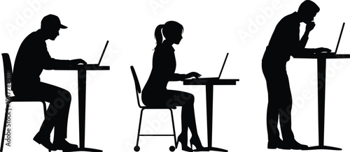 Silhouettes of people working on laptops at desks in seated and standing positions, representing office work, ergonomics, remote study, and digital lifestyle