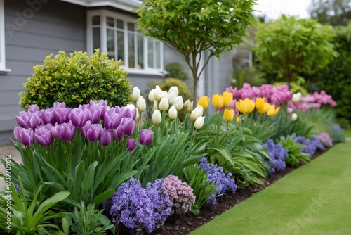Wallpaper Mural Colorful spring tulips blooming in front yard garden Torontodigital.ca