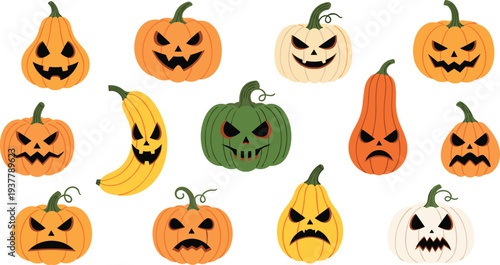 Halloween Pumpkin Faces Collection with Angry Jack-O'-Lanterns, Creepy Gourds, and Spooky Vegetable Designs for Fall and Halloween Decorations