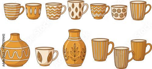 Handcrafted Pottery and Ceramic Mugs Collection with Artistic Designs, Decorative Cups, and Vases for Home Decor and Artisan Craft Designs