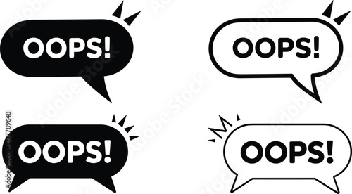 Stylized speech bubbles with bold OOPS text in black and white designs, representing mistake, error, surprise, and playful comic-style reaction graphics