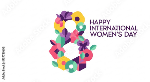 Happy international women's day colorful floral typography design with purple text on white background celebrating equality and empowerment